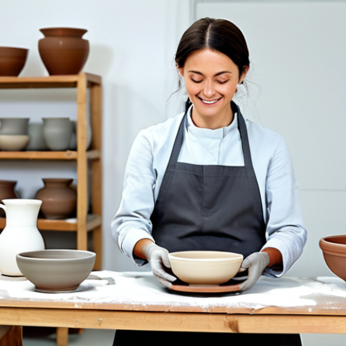 **

A professional female potter, fully clothed in modest work attire (apron, long sleeves), centered at a pottery wheel in a bright, clean studio. She's shaping clay with well-formed hands, demonstrating perfect anatomy and natural proportions. Various finished ceramic pieces are visible in the background. Safe for work, appropriate content, family-friendly. Professional photography, high quality.

**