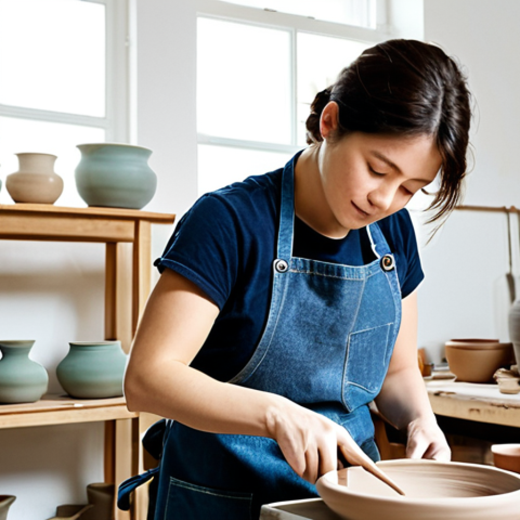 미술세라믹 전문가 연봉 - Ceramic Artist at Work**
"A professional ceramic artist, fully clothed in a denim apron and comfort...