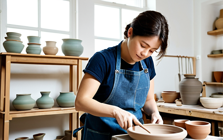 미술세라믹 전문가 연봉 - Ceramic Artist at Work**
"A professional ceramic artist, fully clothed in a denim apron and comfort...