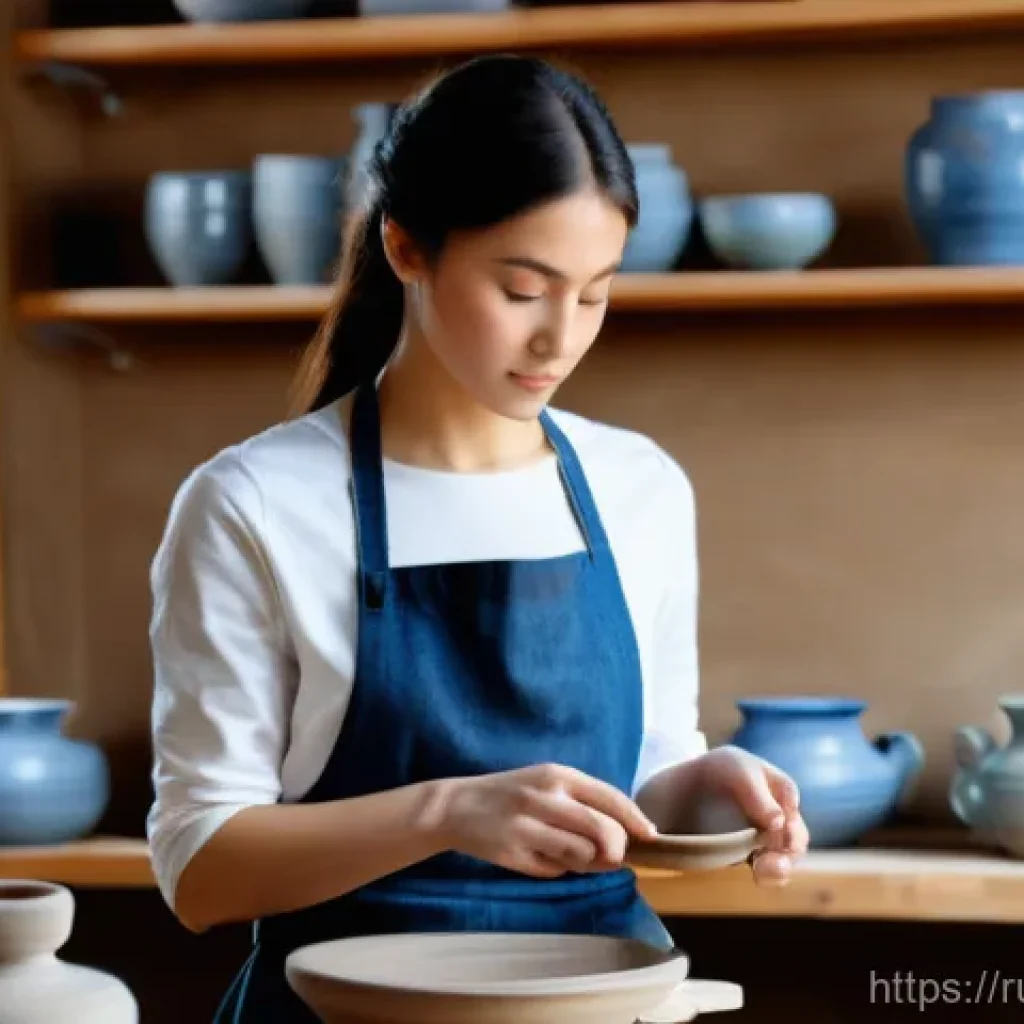 미술세라믹 취업 준비 서류 - A young female ceramic artist, with long dark hair tied back in a neat bun, focused intently as her ...