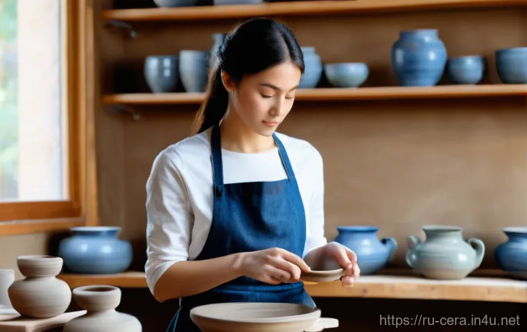 미술세라믹 취업 준비 서류 - A young female ceramic artist, with long dark hair tied back in a neat bun, focused intently as her ...