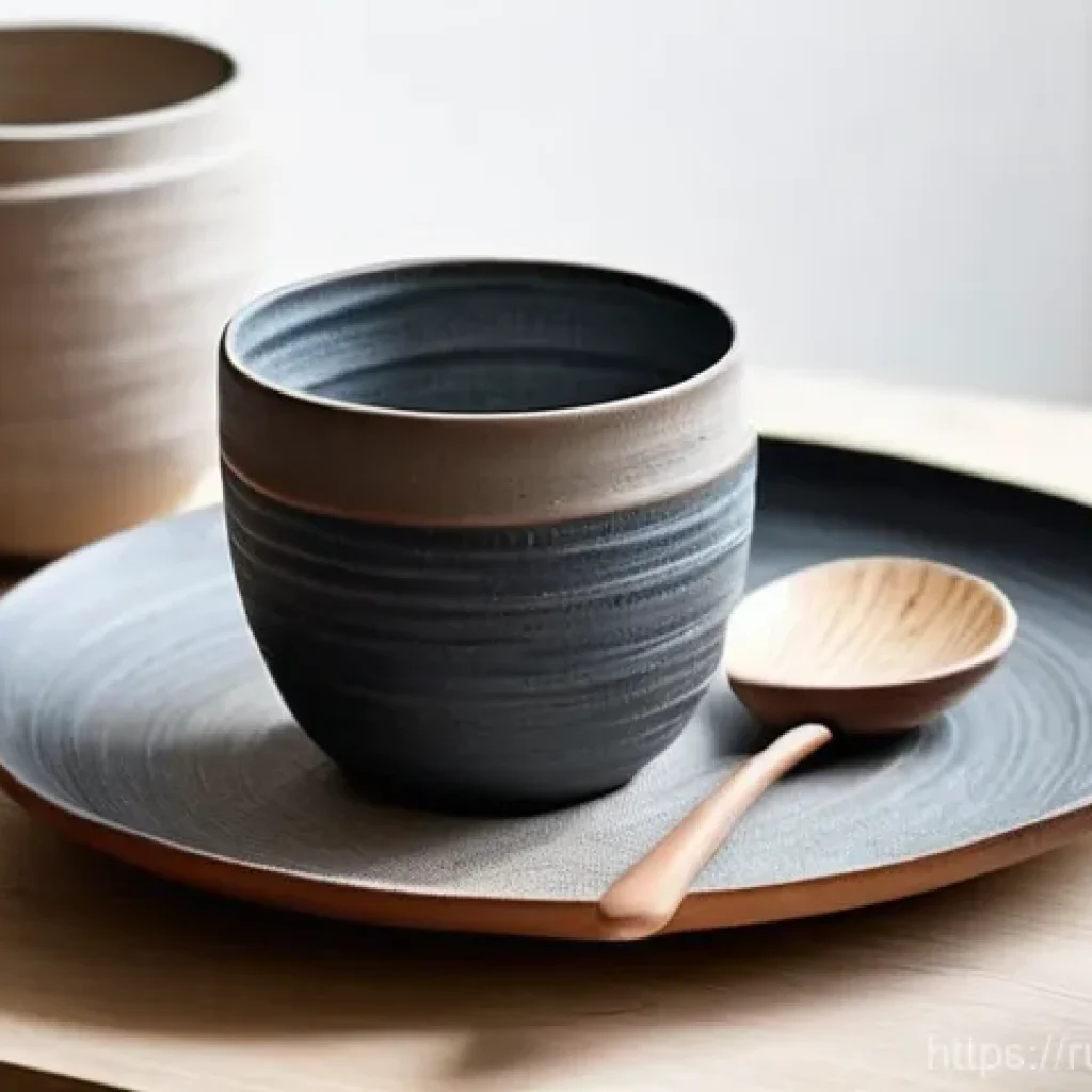 세라믹 디자인 포트폴리오 만들기 - **Prompt:** A close-up shot of a meticulously crafted ceramic tableware set on a light wooden table....