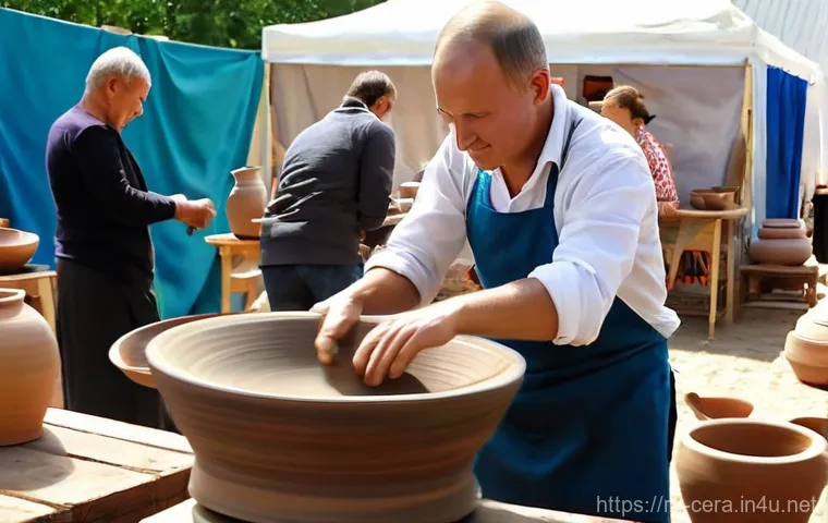 세라믹 디자인 기법 실습 - Glazing and 2025 Ceramic Trends:**
"A close-up shot capturing an artist's hands, carefully applying ...