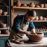 세라믹 자격증 시험 준비 - **A focused ceramist in a cozy Russian pottery studio.** A close-up shot of a ceramist's hands, cove...