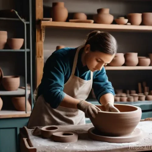 Home 22 세라믹 자격증 시험 준비 - **A focused ceramist in a cozy Russian pottery studio.** A close-up shot of a ceramist's hands, cove...