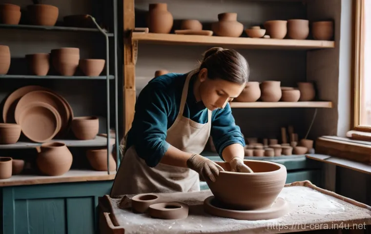 세라믹 자격증 시험 준비 - **A focused ceramist in a cozy Russian pottery studio.** A close-up shot of a ceramist's hands, cove...